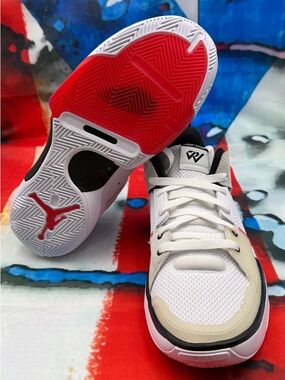 Jordan Kids Low Top Sneakers - Black, White & Light Gray with Red Logos no box